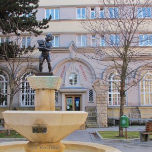 Brunnen vor der städtischen Bücherei Sandleitenhof