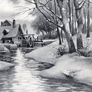 Wassermühle auf Neujahrskarte