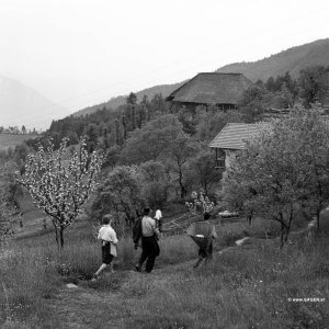 Familie am Weg zum Bauernhaus, Südtirol