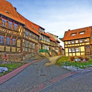 schönste Fachwerkfassaden in der Töpfergasse. Stolberg/Südharz.