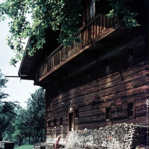Medium 'Mädchen vor Bauernhaus St. Gilgen' in der Kategorie 'Alte Bauernhäuser'