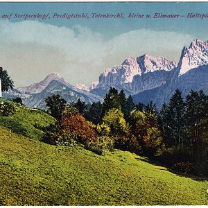 Kaisertal. Blick auf Stripsenkopf, Predigtstuhl, Totenkirchl, kleine u. Ellmauer Haltspitze (Tirol)