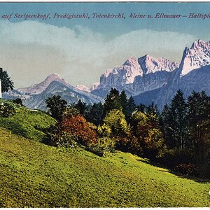 Kaisertal. Blick auf Stripsenkopf, Predigtstuhl, Totenkirchl, kleine u. Ellmauer Haltspitze (Tirol)