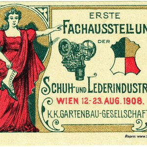 Reklamemarke Erste Fachausstellung der Schuh- und Lederindustrie Wien 1908