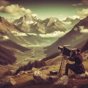 Landschaftsfotograf mit Plattenkamera im Stubaital im 19. Jahrhundert