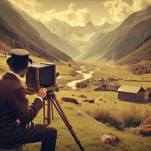 Landschaftsfotograf mit Plattenkamera im Stubaital im 19. Jahrhundert