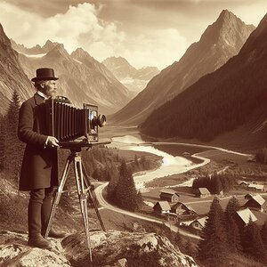 Landschaftsfotograf mit Plattenkamera im Stubaital im 19. Jahrhundert