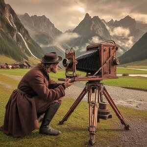 Landschaftsfotograf mit Plattenkamera im Stubaital im 19. Jahrhundert