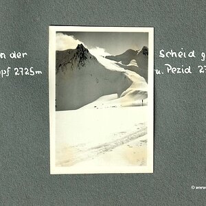 Blick von der Scheid gegen Riesenkopf 2725 m und Pezid 2770 m (Schi-Urlaub 1936 in Serfaus, Tirol)