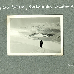 Am Weg zur Scheid, oberhalb des Lausbachtales (Schi-Urlaub 1936 in Serfaus, Tirol)