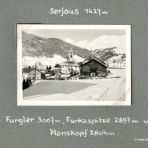 Serfaus mit Furgler, Furkaspitze und Planskopf (Schi-Urlaub 1936 in Serfaus, Tirol)