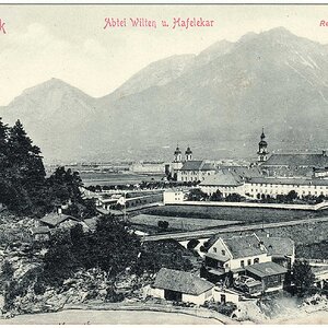 Innsbruck, Abtei Wilten (Sillkanal) und Hafelekar um 1892 bis 1900