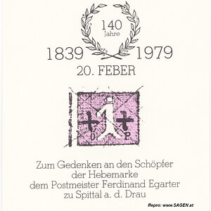 Gedenkblatt Ferdinand Egarter, Erste Briefmarke der Welt, Spittal an der Drau, 20. Februar 1839