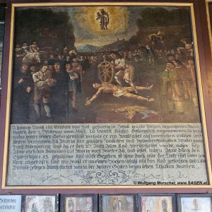 Mirakelbild der überlebten Todesstrafe durch Räderung des Thomas Hanss aus Hall in Tirol am 27. Juli 1663