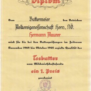 Diplom für den Horner Butterexperten Hermann Maurer. "Horner Butter"