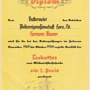 Diplom für den Horner Butterexperten Hermann Maurer. "Horner Butter".