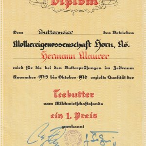 Diplom für den Horner Butterexperten Hermann Maurer. "Horner Butter".