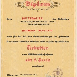 Diplom für den Horner Butterexperten Hermann Maurer. "Horner Butter".