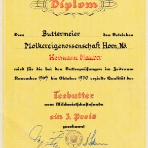 Diplom für den Horner Butterexperten Hermann Maurer. Horner Butter.