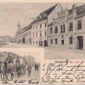 Teilansicht des Hauptplatzes der Stadt Horn, Niederösterreich, mit dem Bauzustand um 1900.