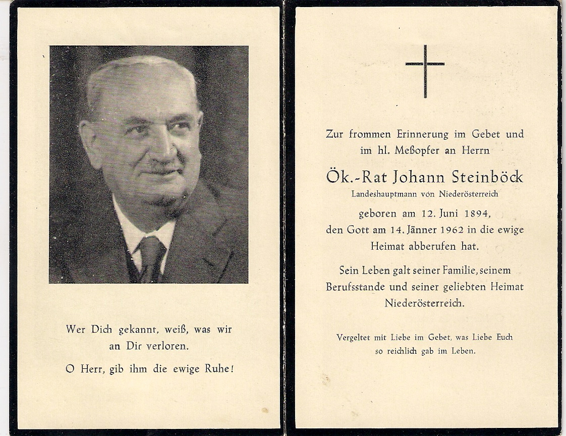 Ök. - Rat Johann Steinböck, Sterbebild aus 1962 (Niederösterreich)