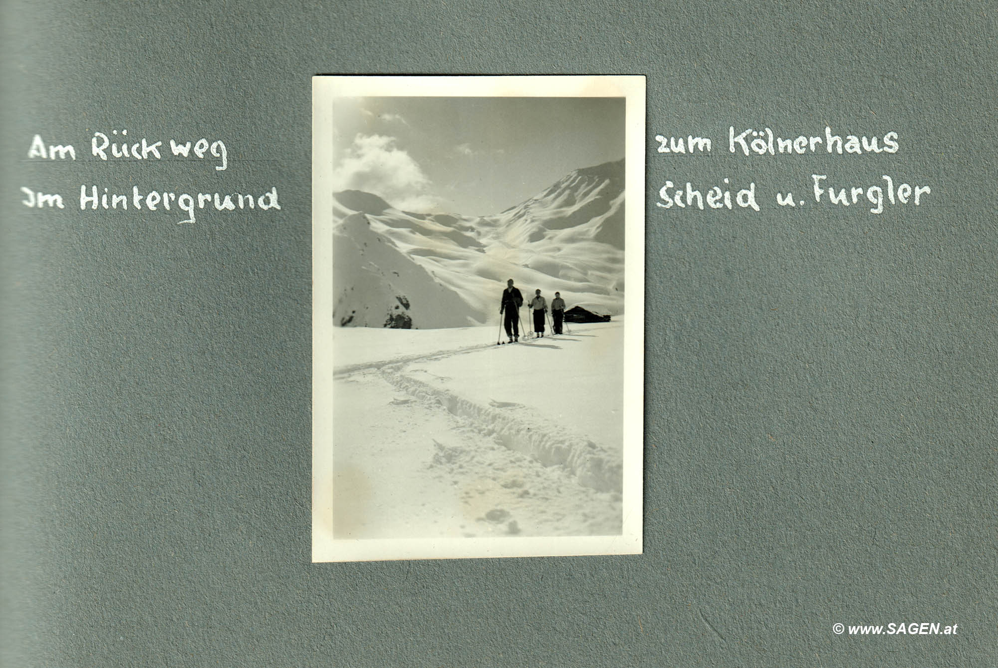 Am Rückweg zum Kölnerhaus (Schi-Urlaub 1936 in Serfaus, Tirol)