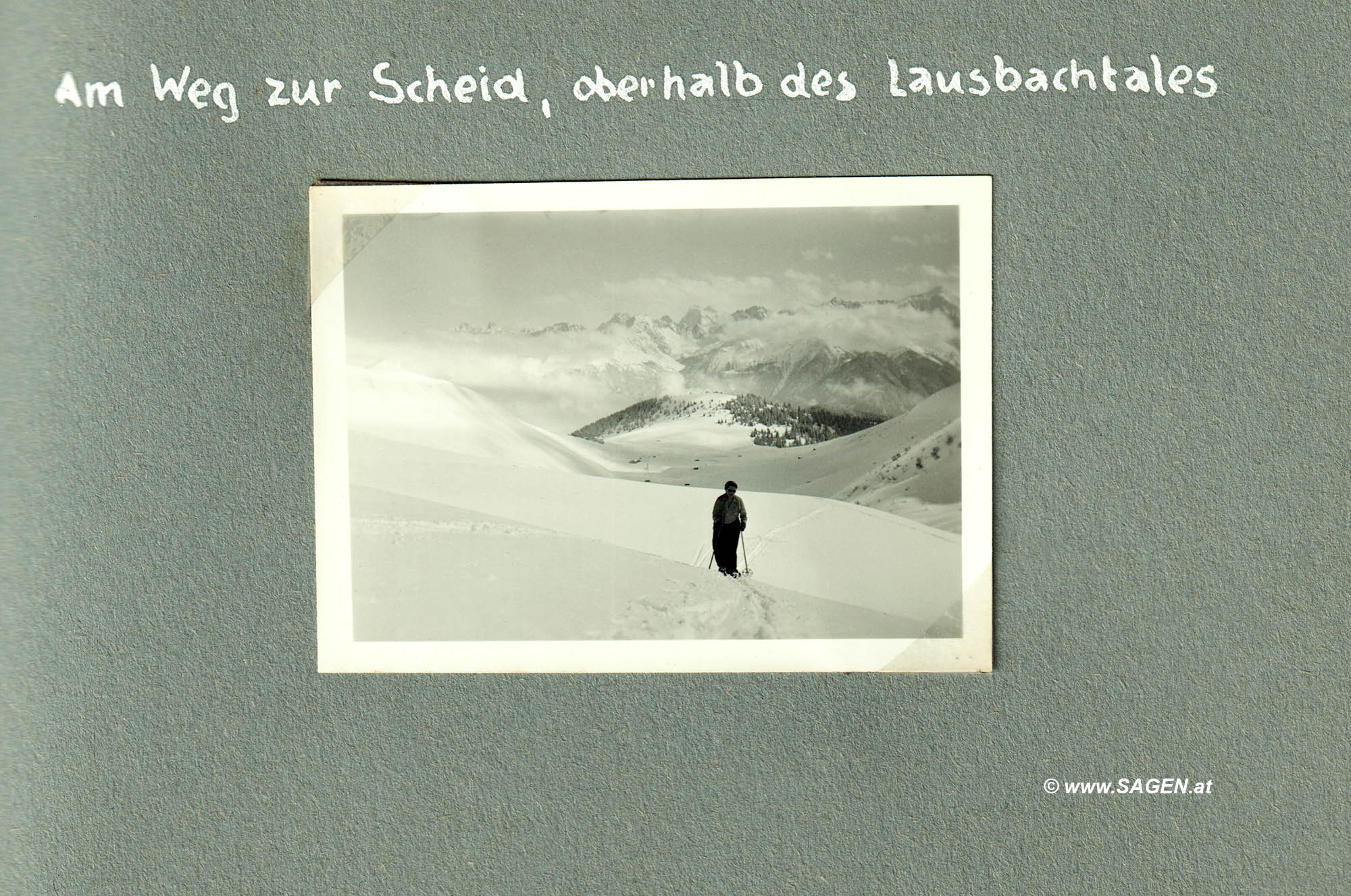 Am Weg zur Scheid, oberhalb des Lausbachtales (Schi-Urlaub 1936 in Serfaus, Tirol)