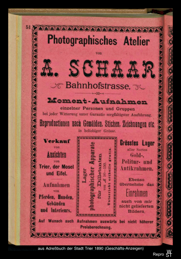 Anzeige Photograph Alois Schaar Trier 1890