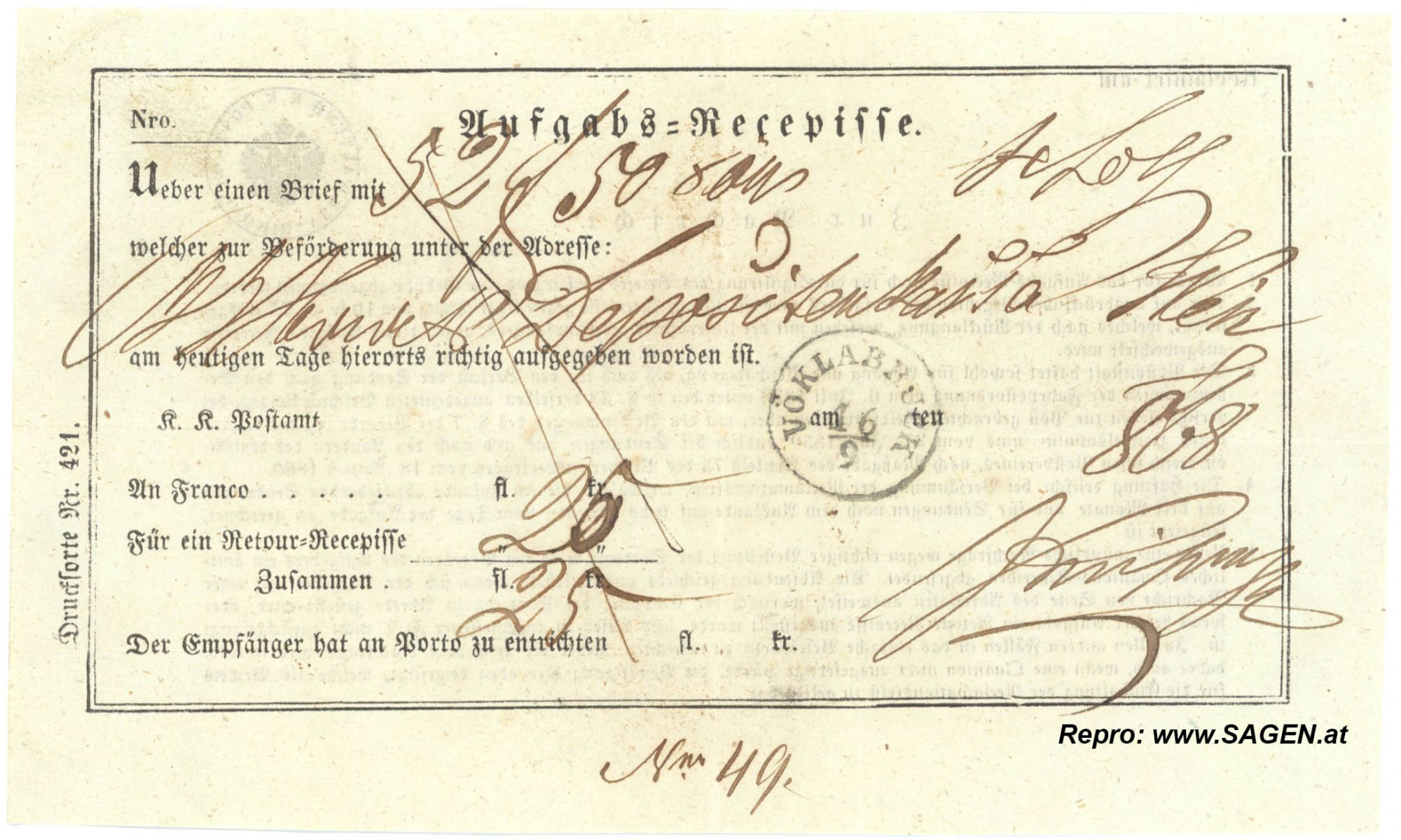 Aufgabs-Recepisse Vöcklabruck 1868