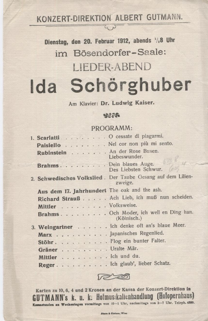 Bösendorfer Saal Liederabend Programm 1912 Ida Schörghuber