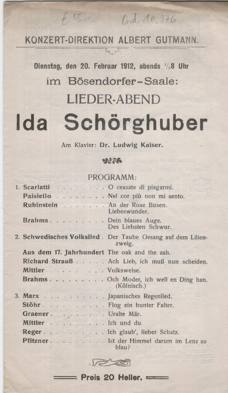 Bösendorfer Saal Liederabend Programm 1912 Ida Schörghuber