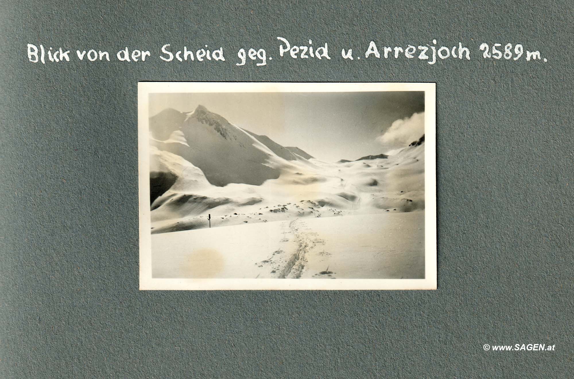 Blick von der Scheid gegen Pezid und Arrezjoch 2589 m (Schi-Urlaub 1936 in Serfaus, Tirol)