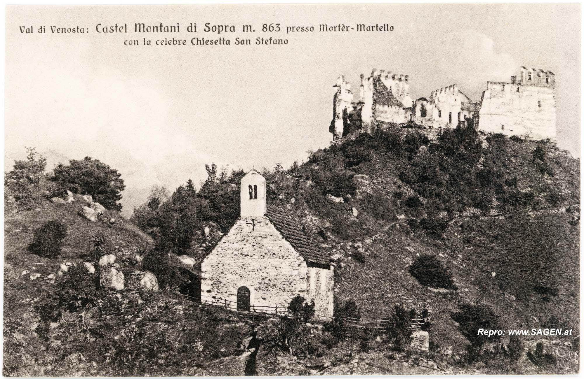 Burg Obermontani mit der Kapelle St. Stephan im Jahr 1950