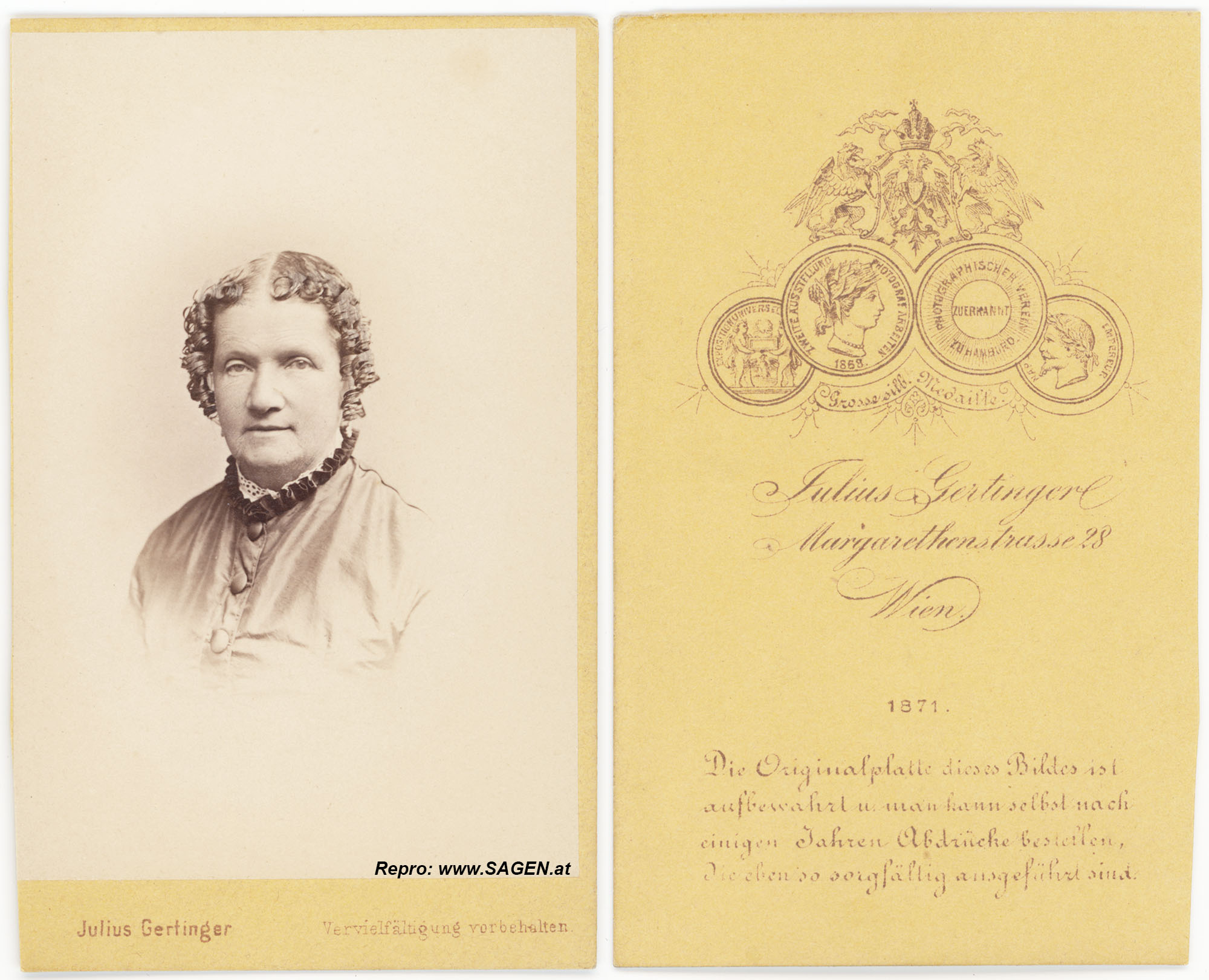 CdV Damenporträt Fotoatelier Julius Gertinger, Wien 1871