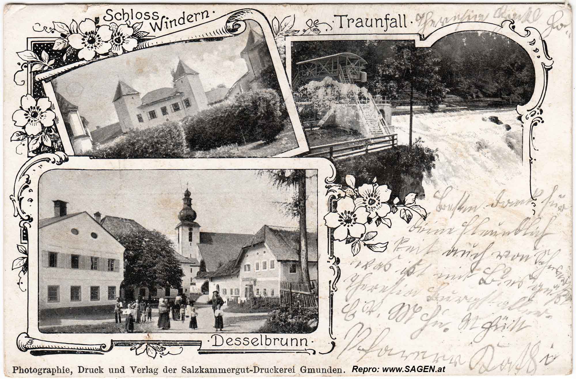Desselbrunn, Schloss Windern und Traunfall um 1900