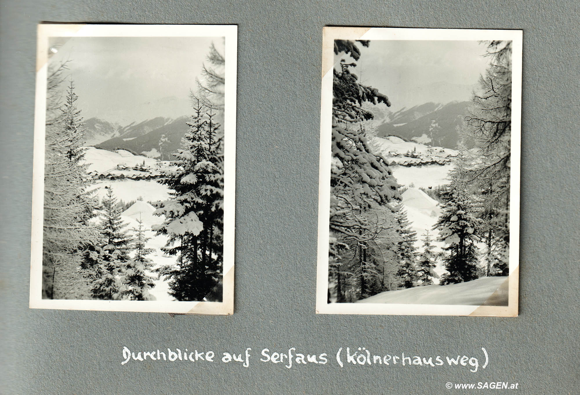 Durchblicke auf Serfaus (Kölnerhausweg) (Schi-Urlaub 1936 in Serfaus, Tirol)