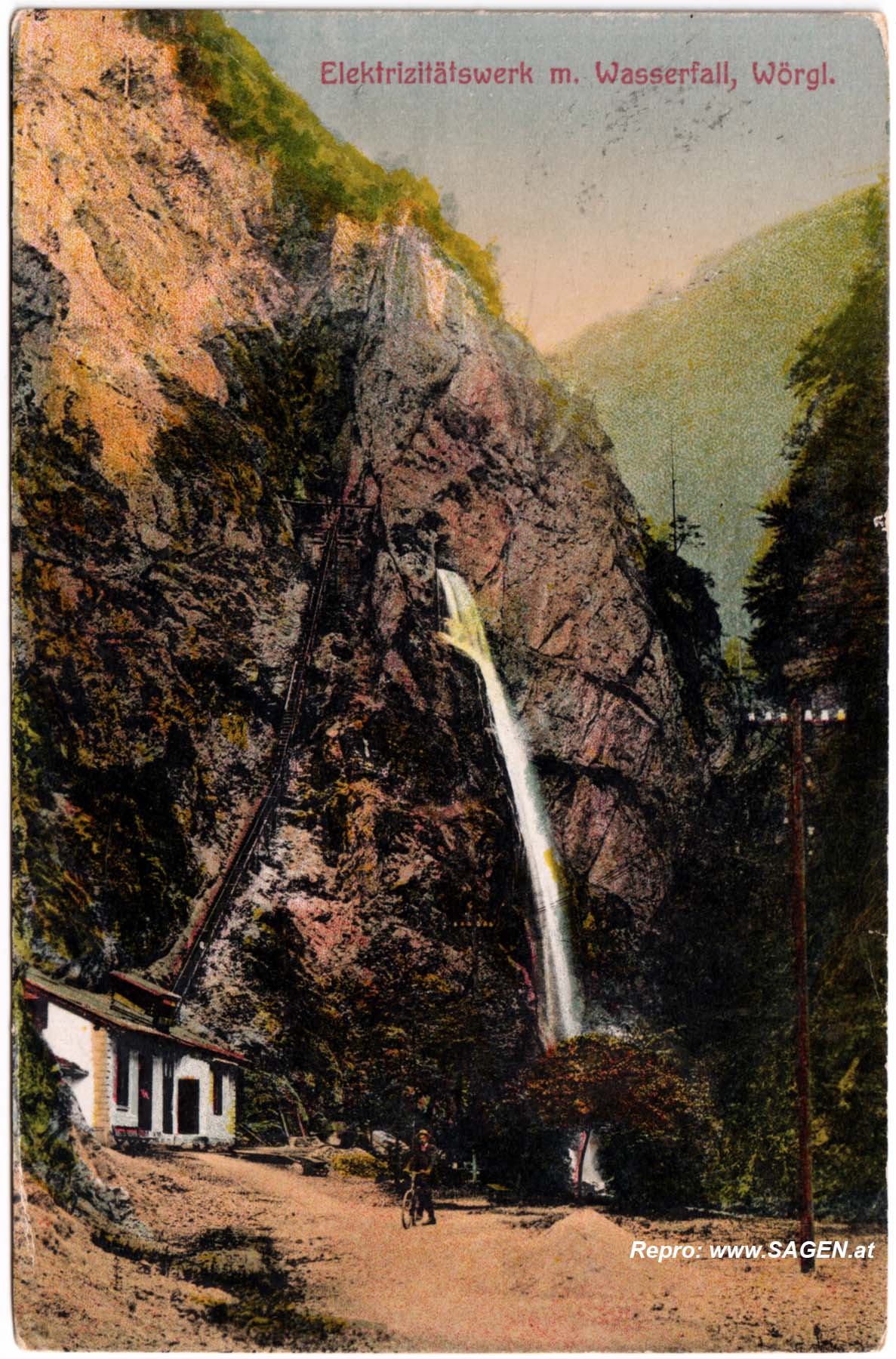 Elektrizitätswerk mit Wasserfall, Wörgl im Jahr 1916