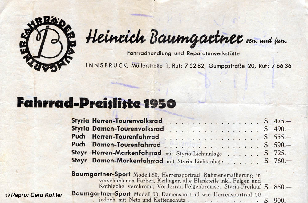 Fahrrad-Preisliste 1950