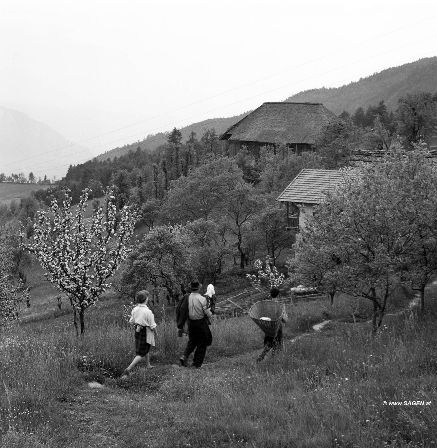 Familie am Weg zum Bauernhaus, Südtirol