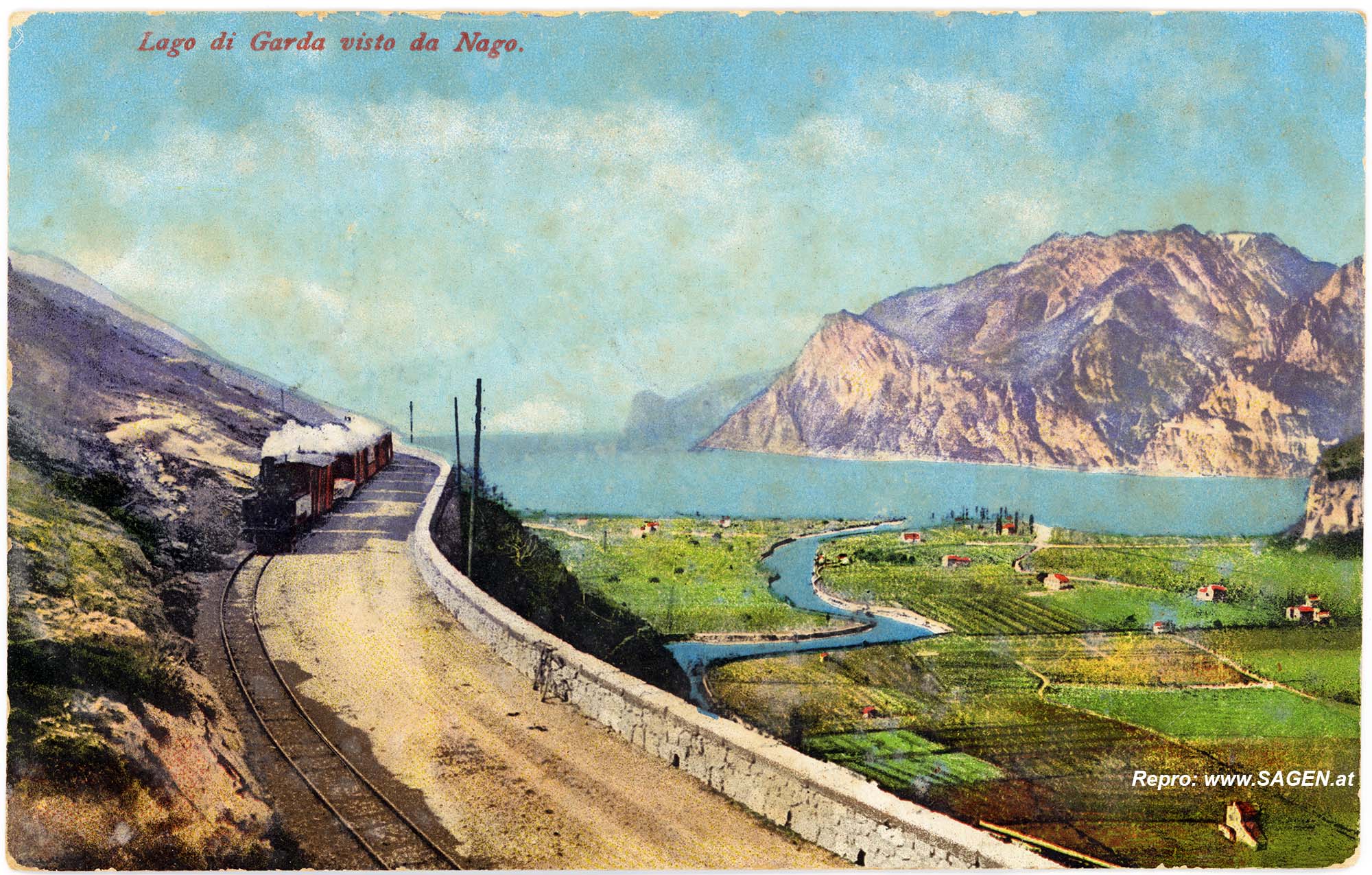 Gardasee von Nago mit Lokalbahn Mori - Arco - Riva um 1912