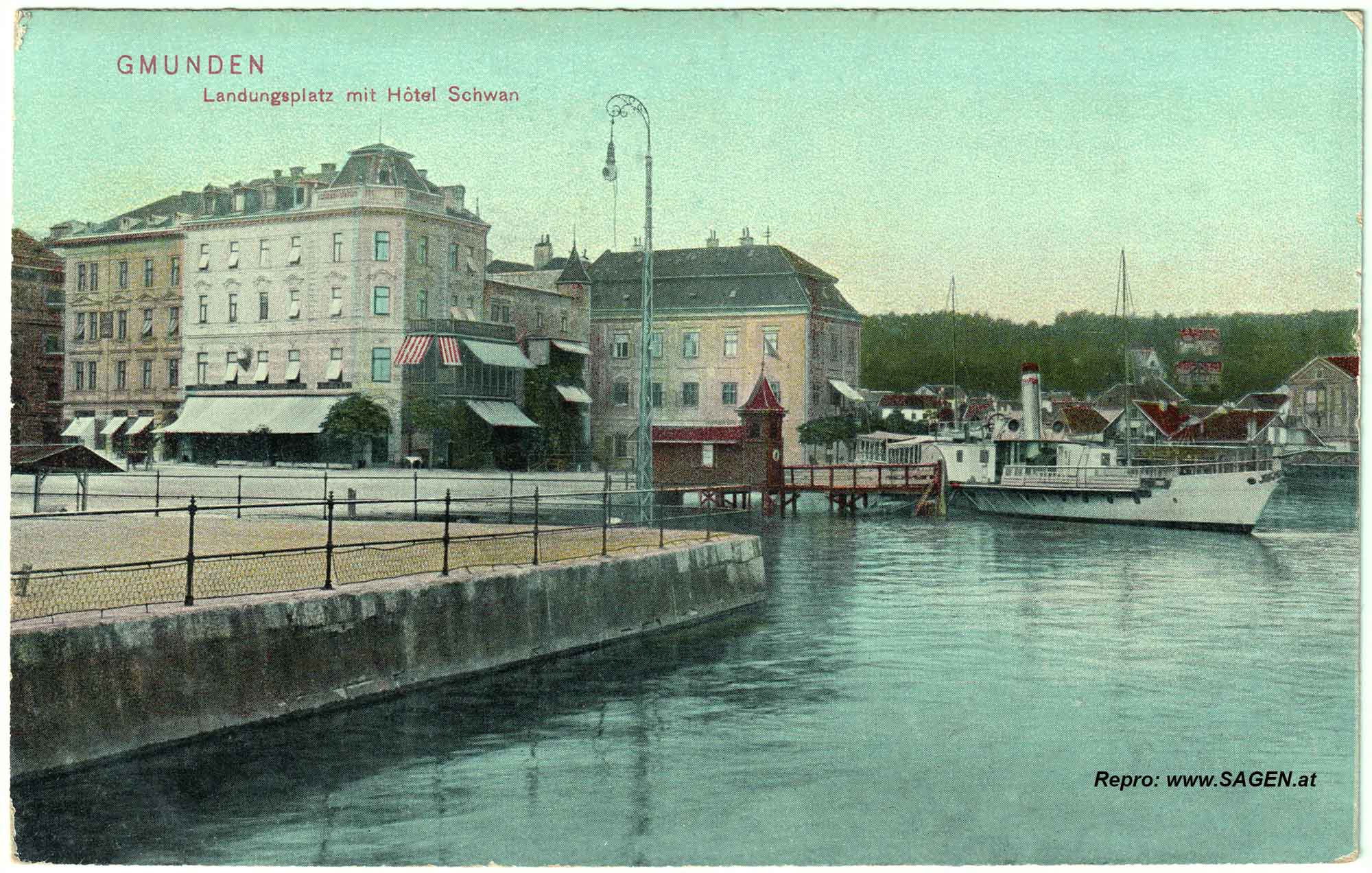 Gmunden, Landungsplatz mit Hotel Schwan um 1905