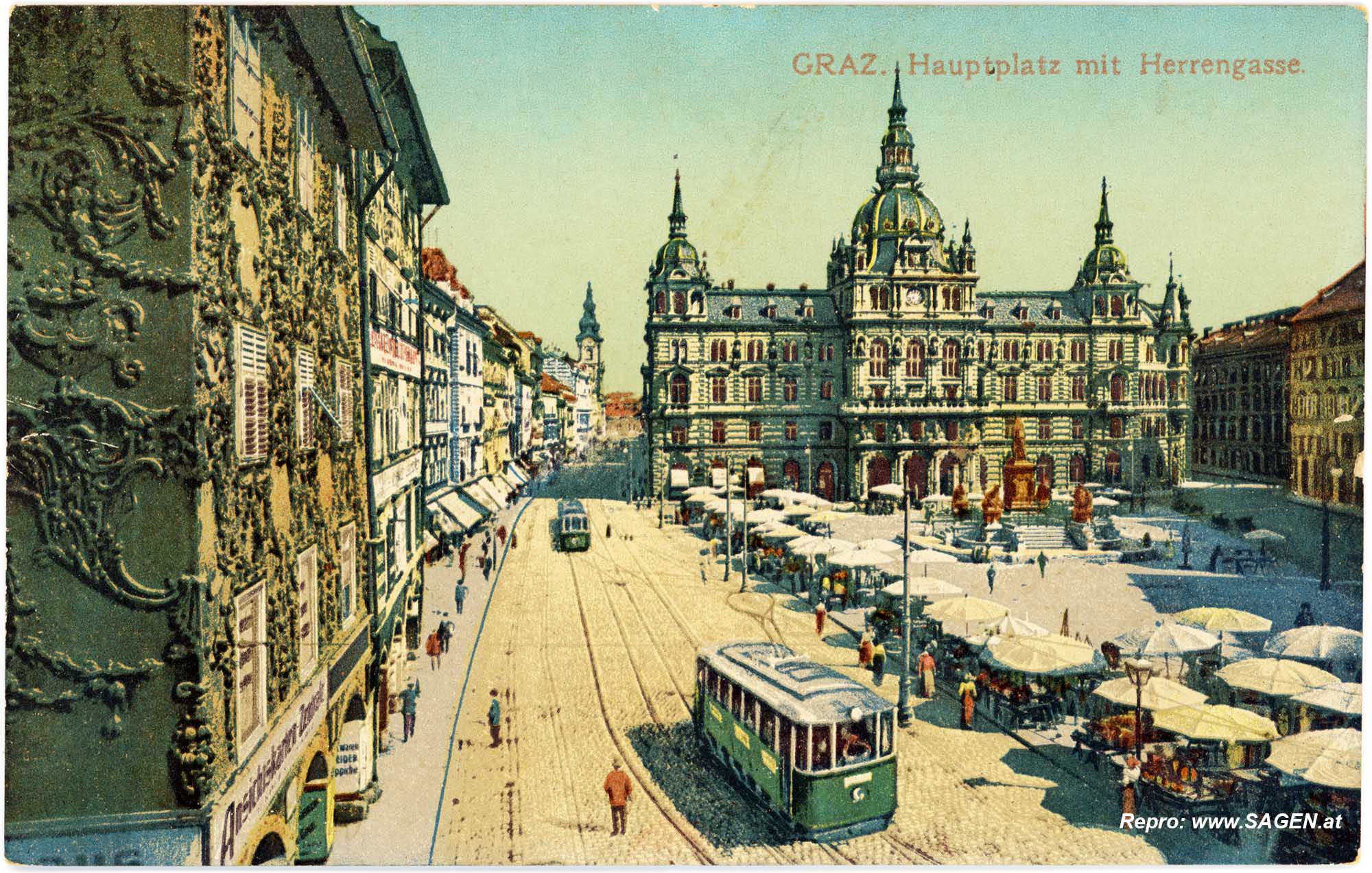 Graz, Hauptplatz mit Herrengasse im Jahr 1915