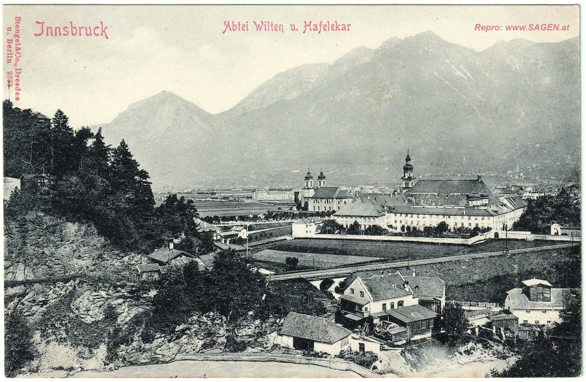 Innsbruck, Abtei Wilten (Sillkanal) und Hafelekar um 1892 bis 1900