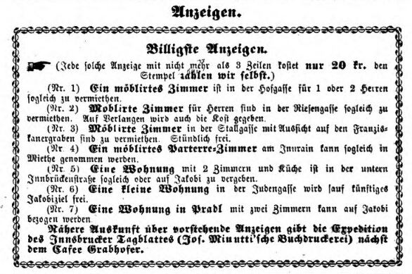 Innsbruck, Anzeigen. Angebote zum Vermieten 02.07.1866