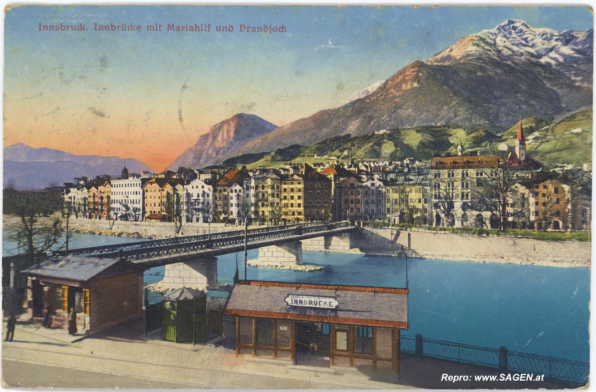 Innsbruck, Innbrücke mit Mariahilf und Brandjoch