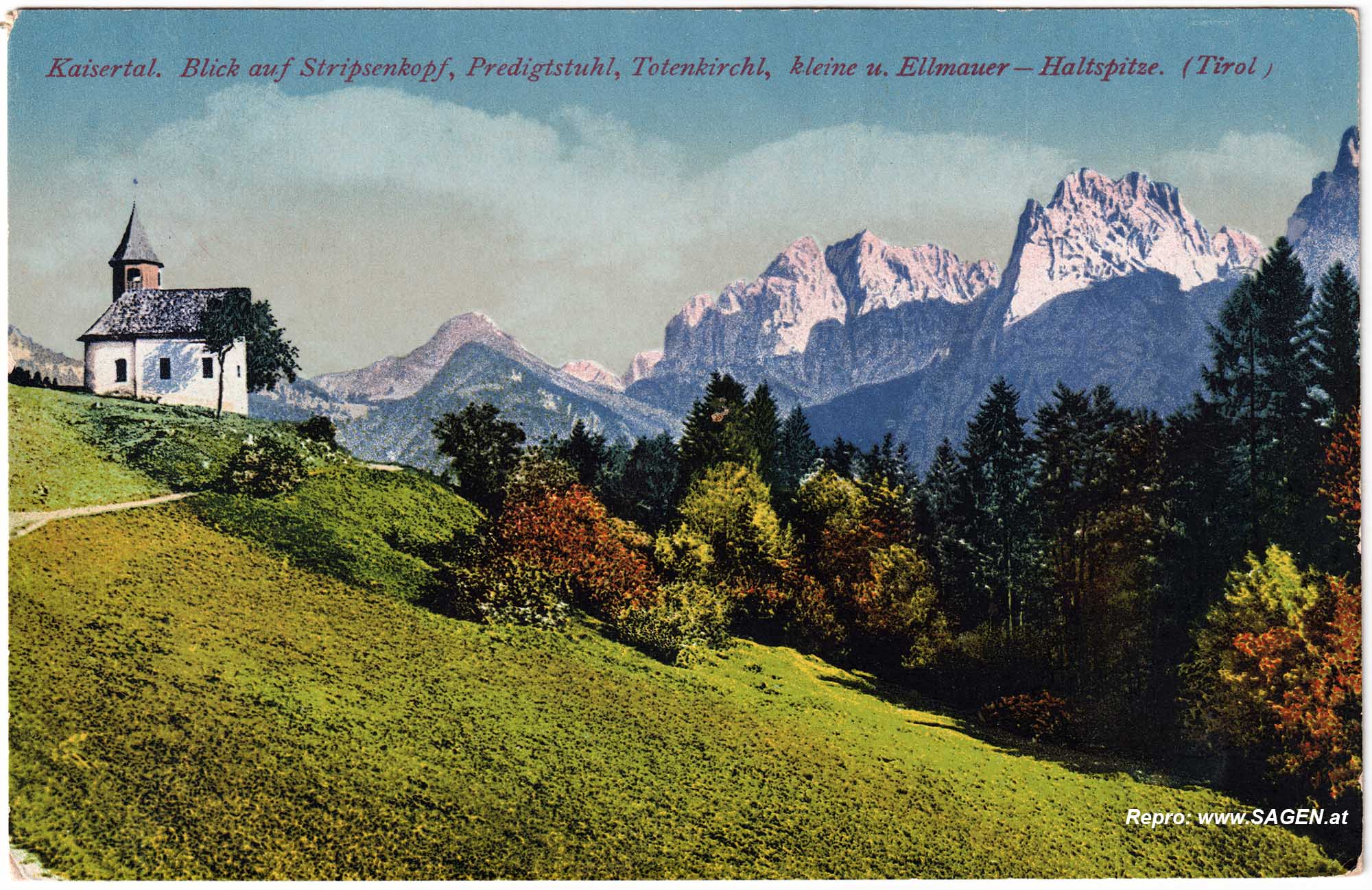 Kaisertal. Blick auf Stripsenkopf, Predigtstuhl, Totenkirchl, kleine u. Ellmauer Haltspitze (Tirol)