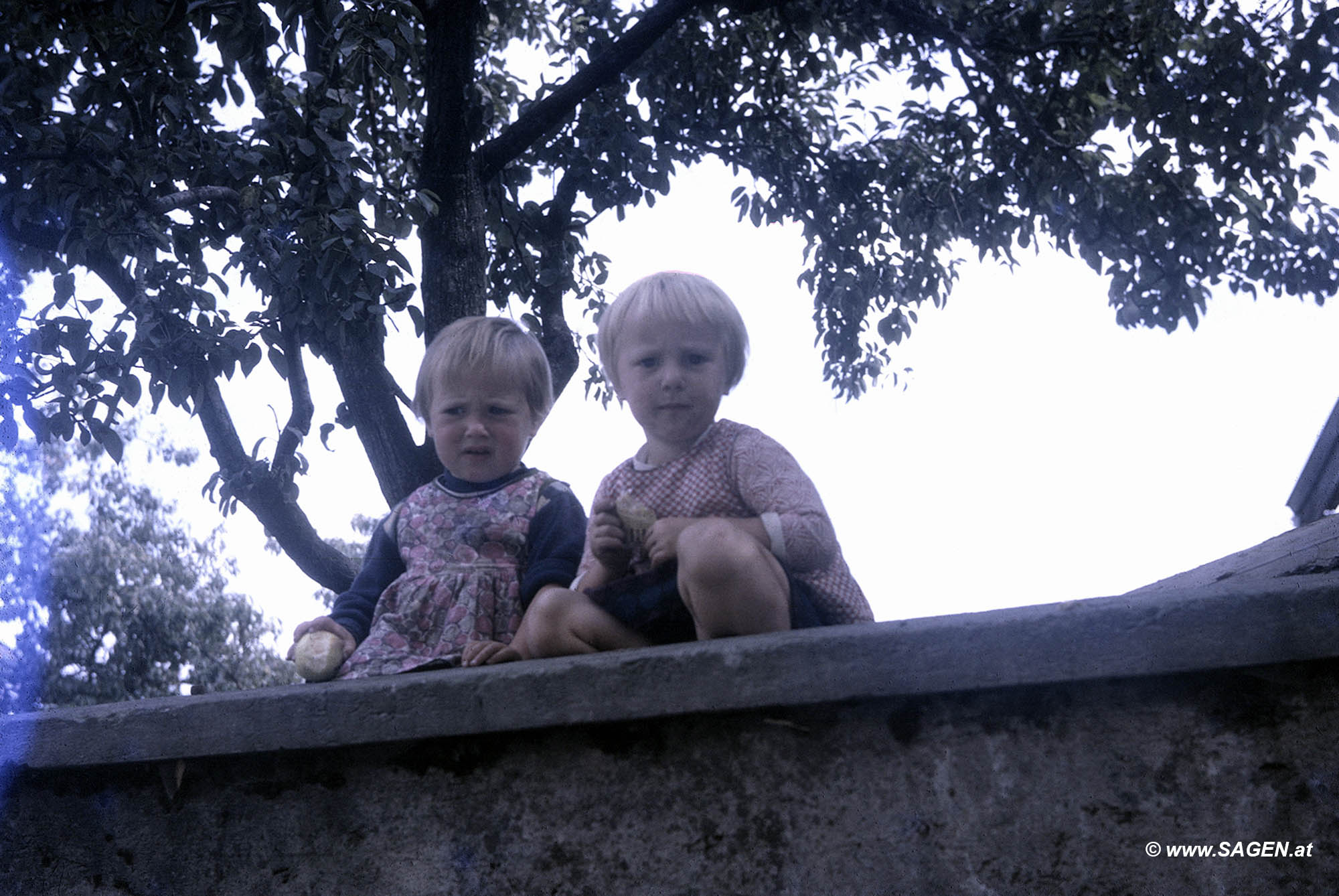 Kinder auf Gartenmauer
