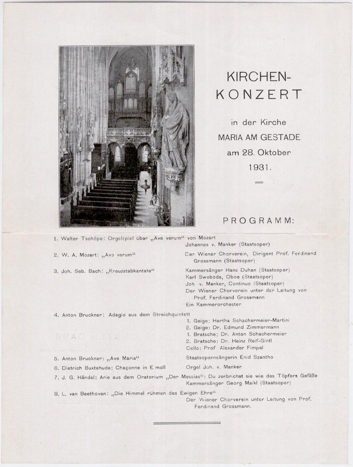 Konzertprogramm Maria am Gestade Wien 28. Oktober 1931