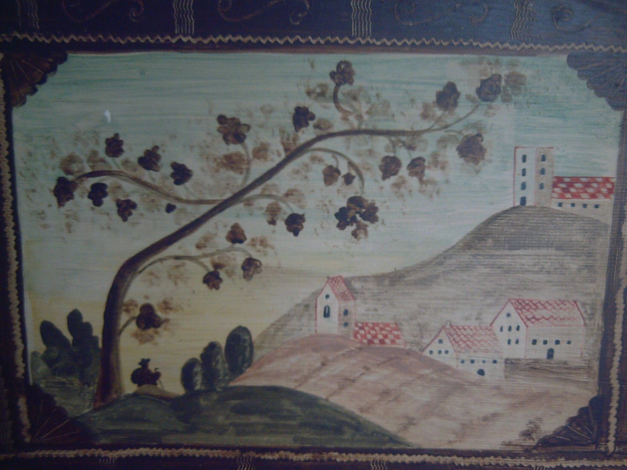 Landschaft darstellend ein Bergdorf mit Wanderer und einer Kirche ohne Dach