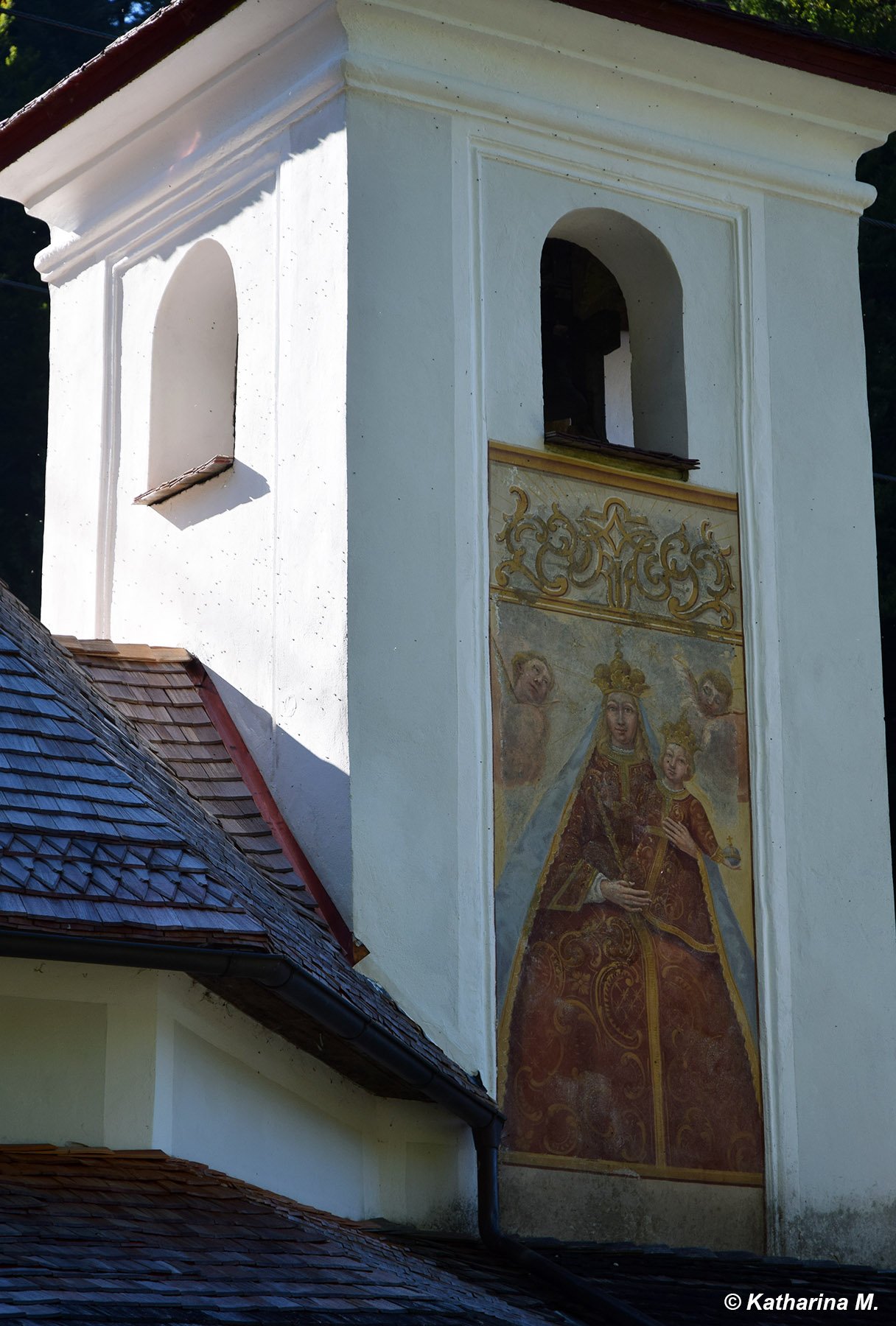 Söll, Wallfahrtskapelle Stampfanger - Fresko Gnadenbild am Turm